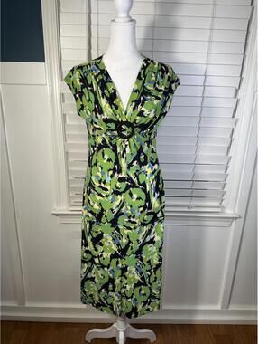 Evan-Picone Dress 4 Green Abstract Floral Maxi O-Ring Empire Waist Sleeveless